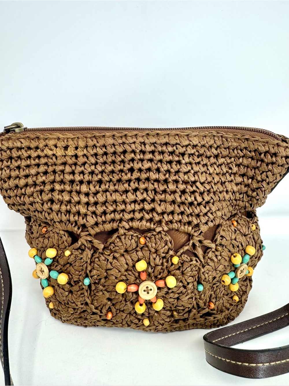 Boho Bead-Embellished Crochet Crossbody Bag — Brown